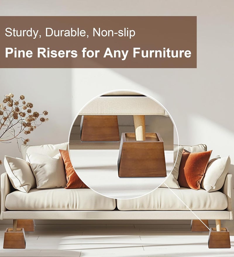 Lufia Wood Bed Risers 3 Inch, Premium Pine Furniture Risers - Sturdy, Stylish and Space Saving 3" Bed Lift for Sofa, Desk and More - 4-Pack (Brown Wood, 3 Inch) - Image 3